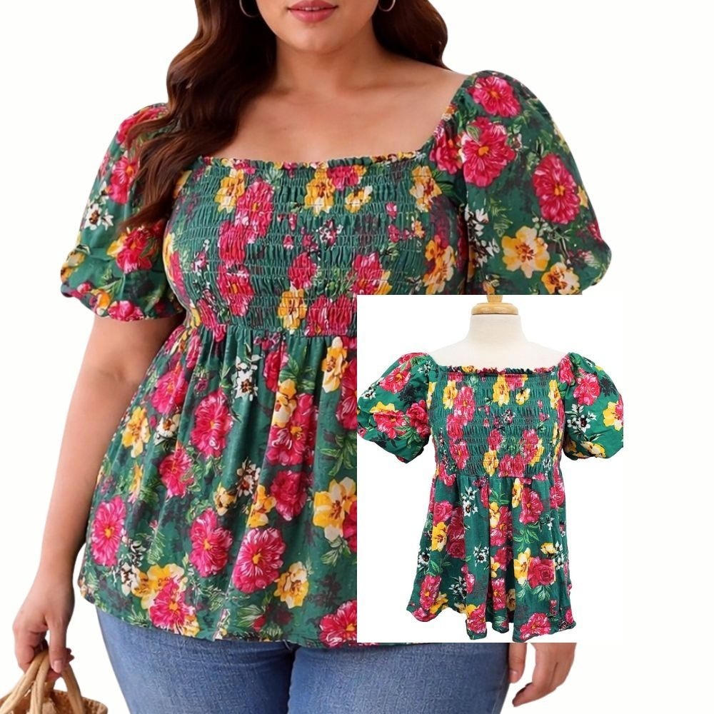 Torrid Womens 1X Green‎ Floral Smocked Babydoll Puff Sleeve Boho Cottagecore Top